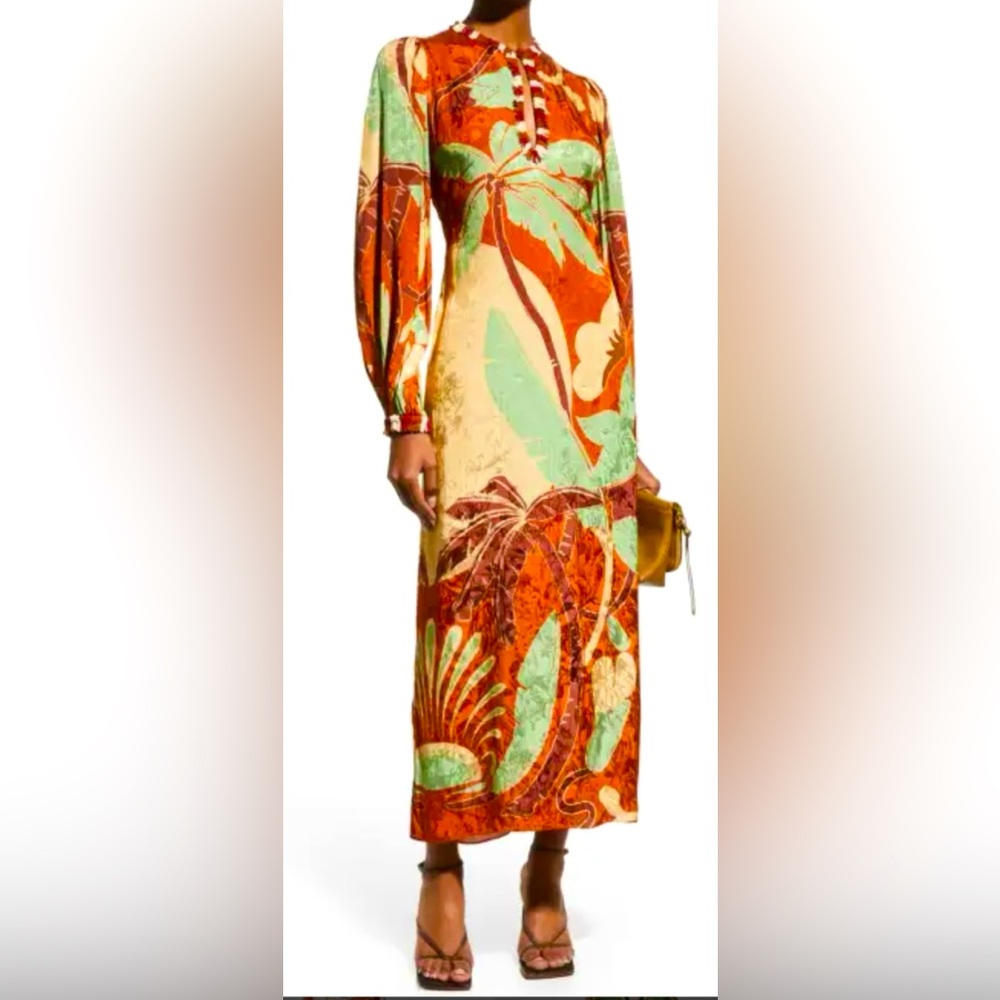 Johanna Ortiz stunning maxi dress beading details palm tree print 100% viscose